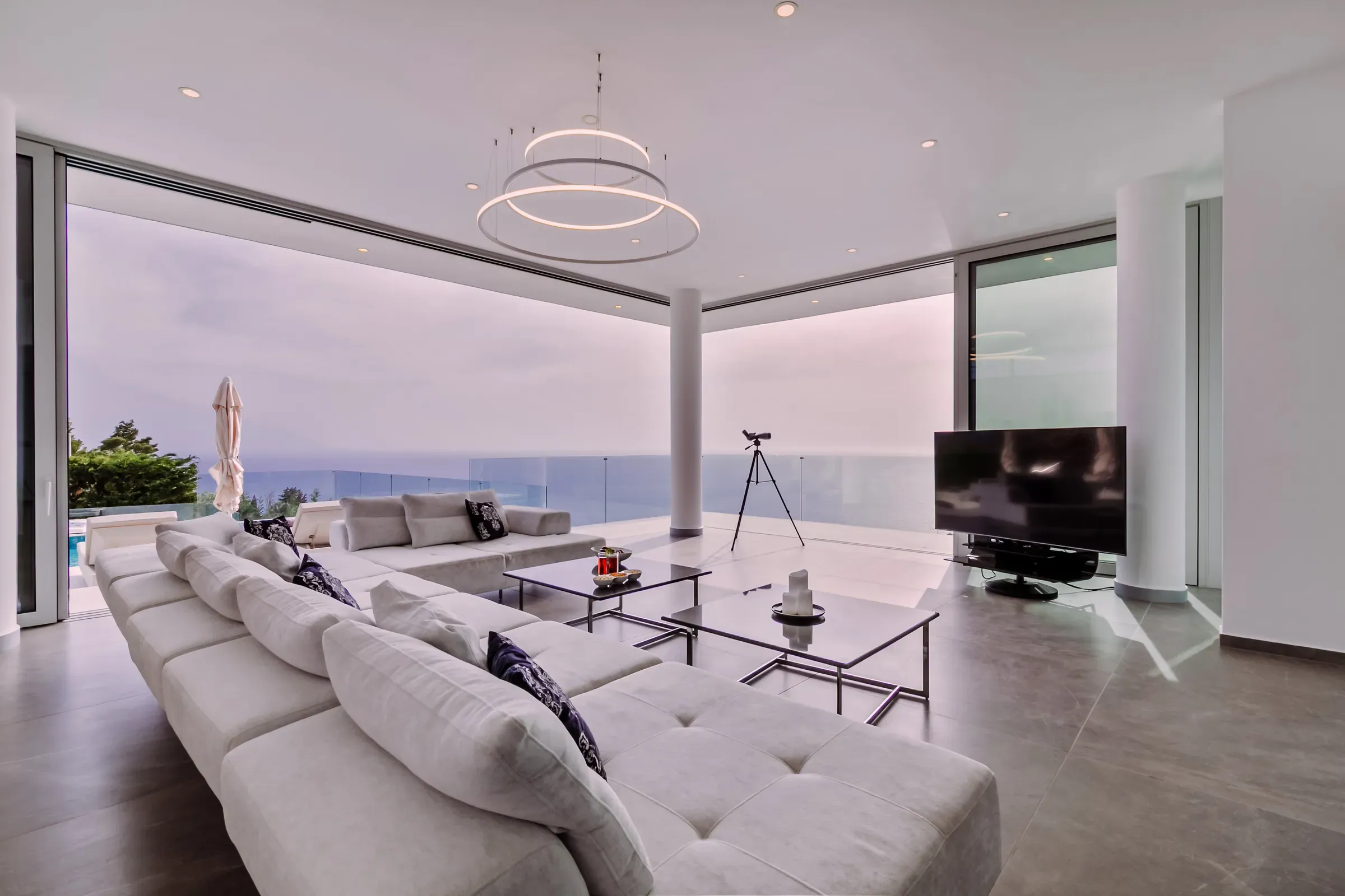 Living room with sofa and sea view